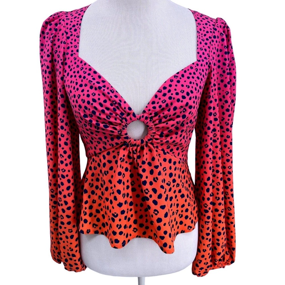 AFRM‎ Leopard Print Ombre Balloon Sleeve Ring Detail V Neck Top M/M
